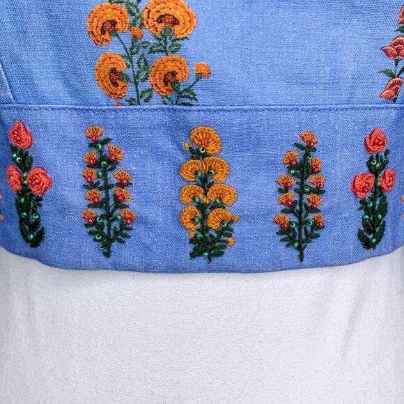 Agua by Agua Bendita Violeta Dahlia Blue Linen Embroidered Floral Cropped Top - Picture 8 of 12